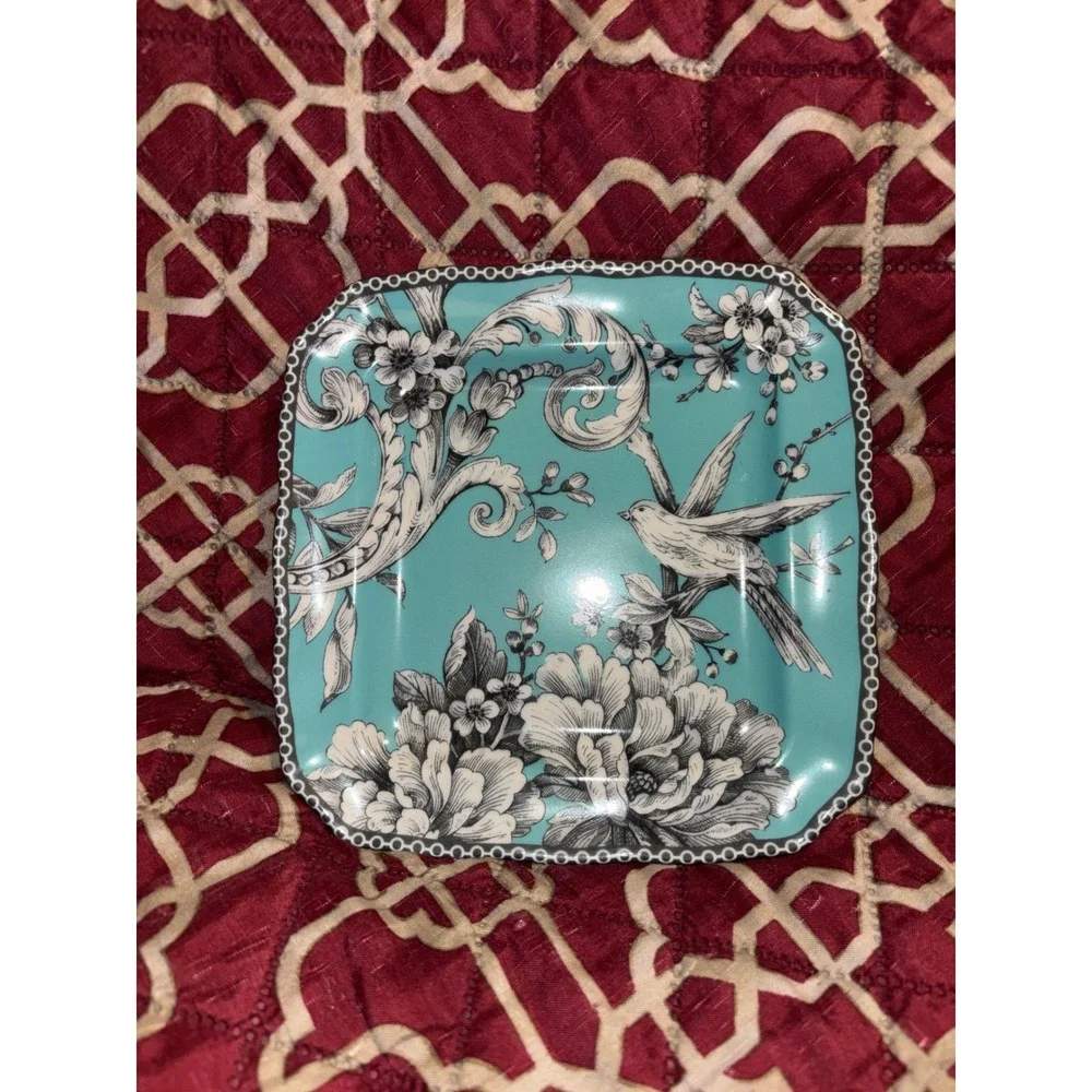 222 Fifth Adelaide Square Appetizer Plate Turquoise Blue Bird Floral Ceramic 6in